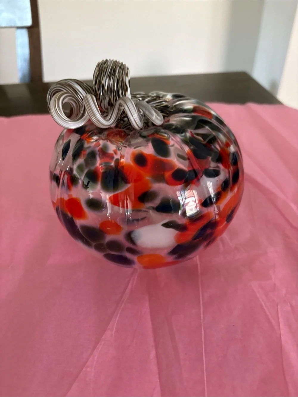 Handblown Glass Clear With Orange Black White Spots Pumpkin
